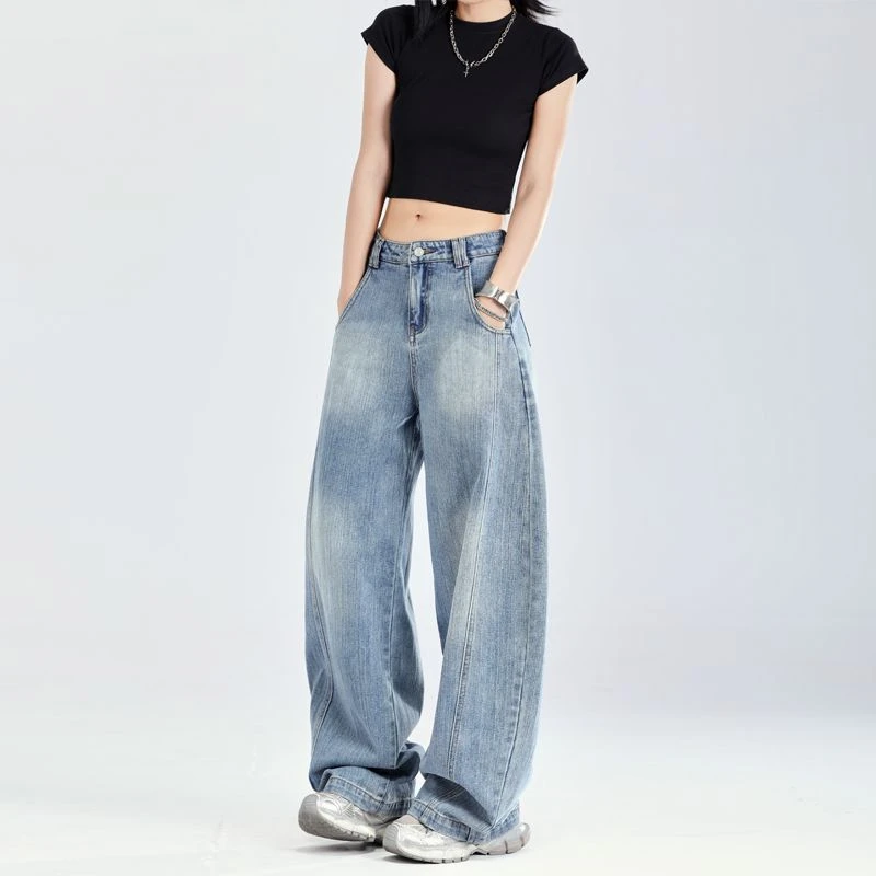 FINEWORDS Vintage Light Blue Korean Jeans Women Casual Harajuku Baggy Jeans Streetwear High Waist Wide Leg Banana Jeans