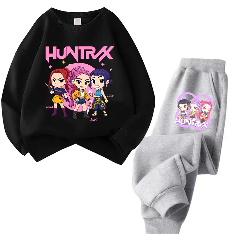Harajuku pulôver tripulação pescoço crianças hoodies conjuntos kpop demônios caçadores moletom anime trucksuit dos desenhos animados meninas menino crianças roupas