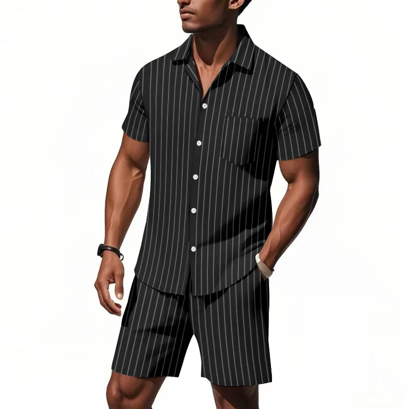 

Men's Linen Striped Jacquard Shirt Drawstring Shorts 2-Piece Set Relaxed Fit Breathable Lightweight Beach Vacation Smart Casual