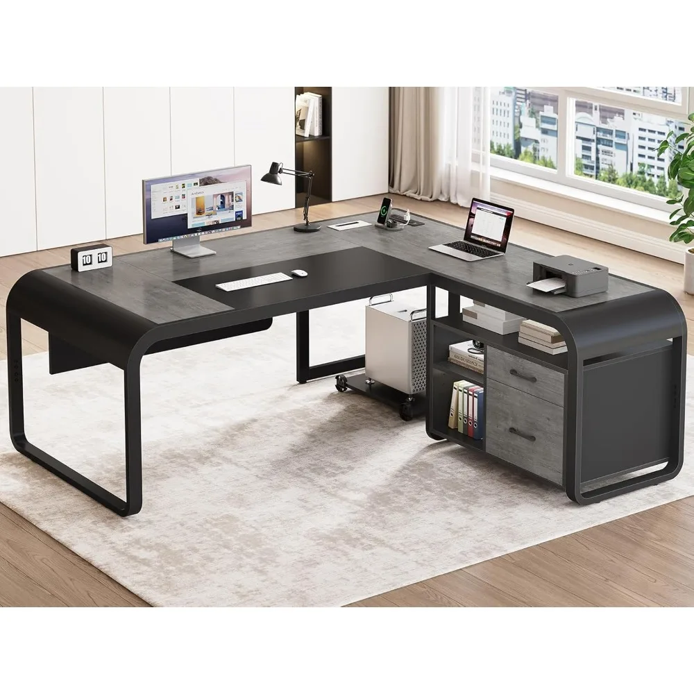 

63 Inch Executive Desk, L Shaped Desk with Drawers, Large Office Desk with File Drawer, Computer Desk with Mobile CPU Stand, St