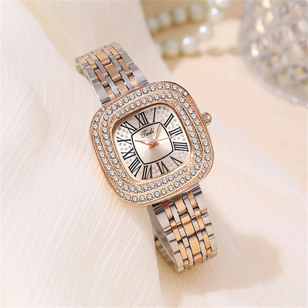 Dames 2024 Vierkant Romeinse Ster Quartz Horloge Met Diamanten Rvs Business Woman Klok Cadeau Polshorloge