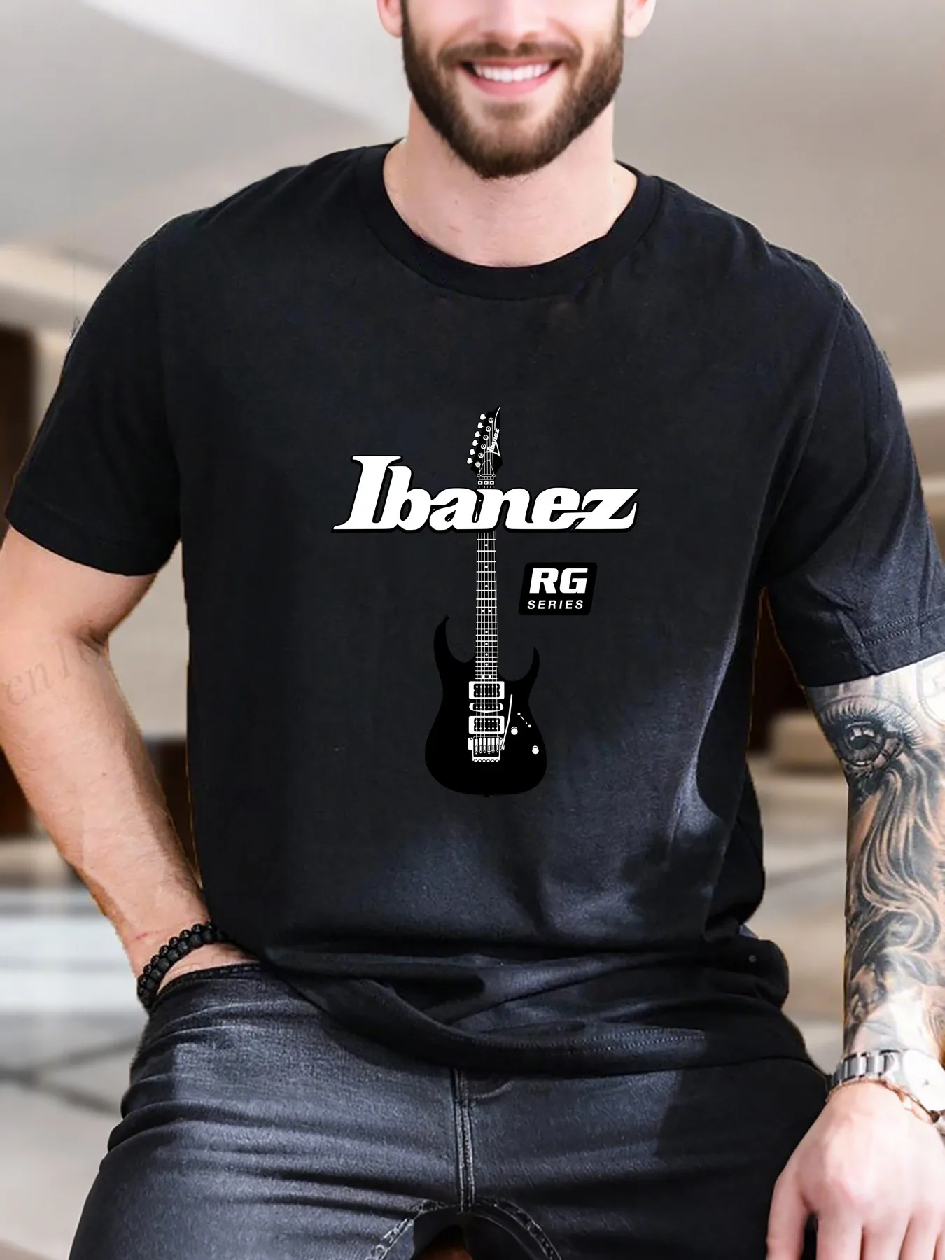 

Men's Graphic T-Shirt - Guitar Sticker Print Pure Cotton Comfortable Casual Trendy Top, Stylish & Breathable for Everyday Wear