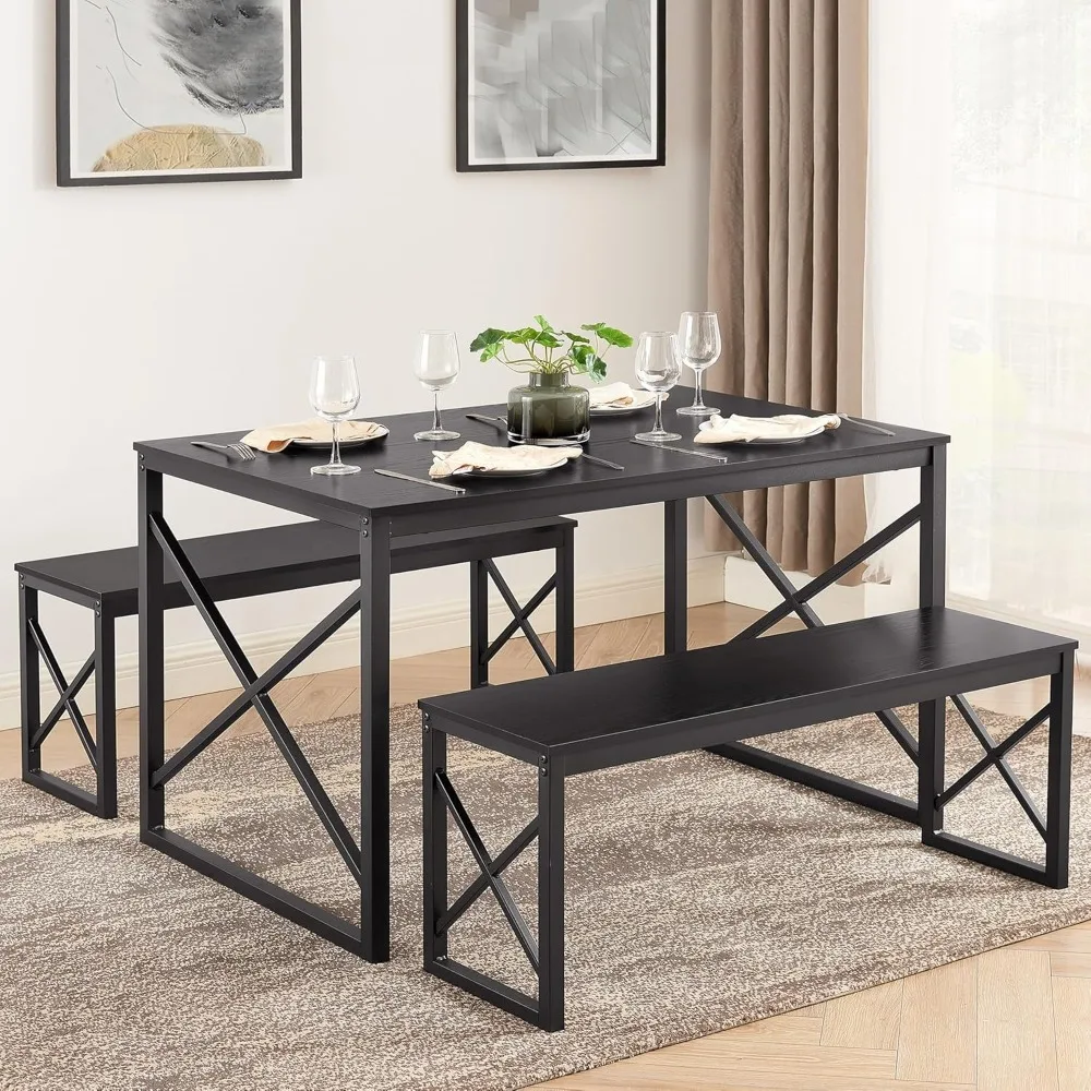 Kitchen Table with 2 Benches for 4, Wood Dining Room Dinette Sets with Metal Frame for Breakfast Nook and Small Space, Bl