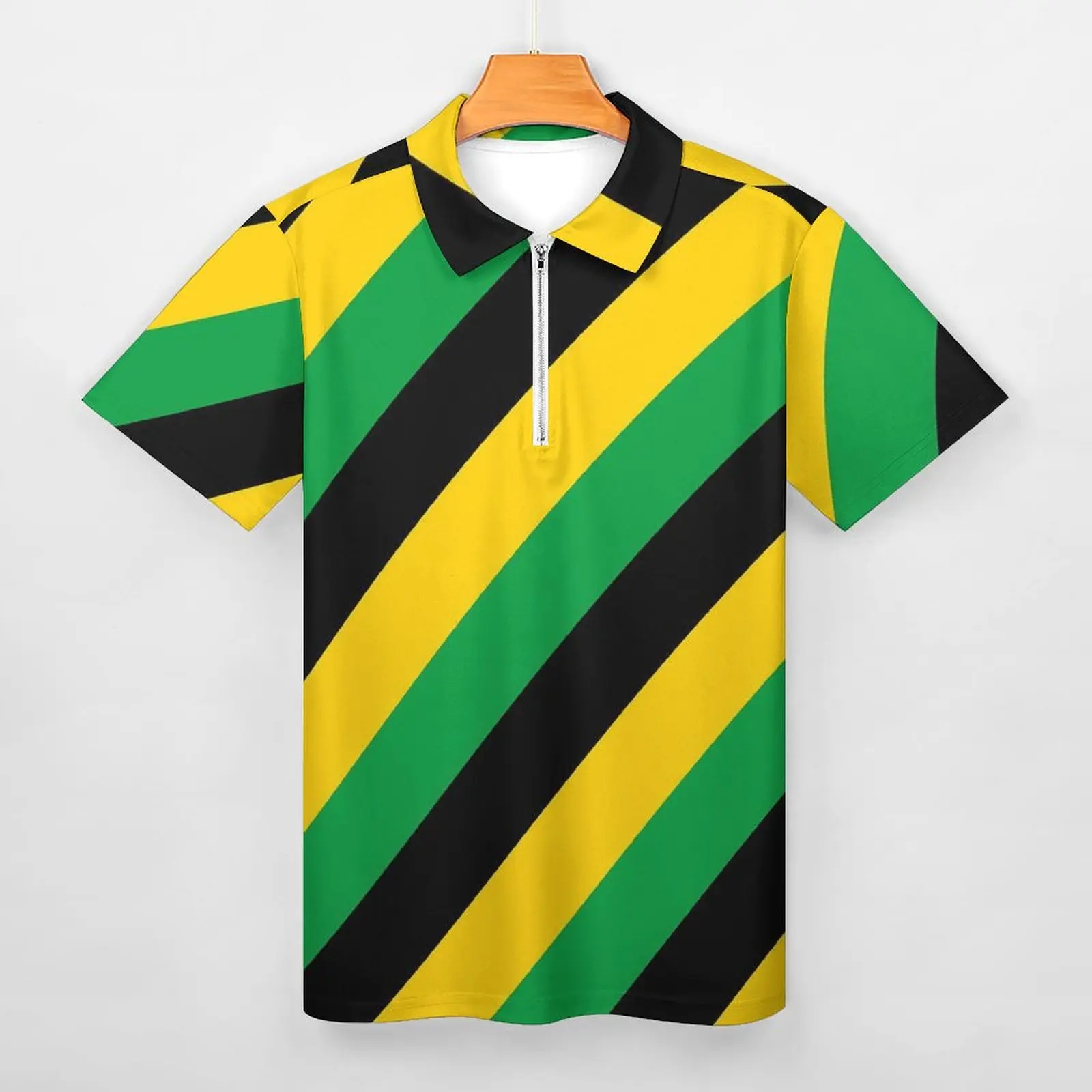 Jamaica Flag Colors Polo Shirts Diagonal Striped Casual Shirt Summer Trending Male Short-Sleeve Zipper Graphic T-Shirts