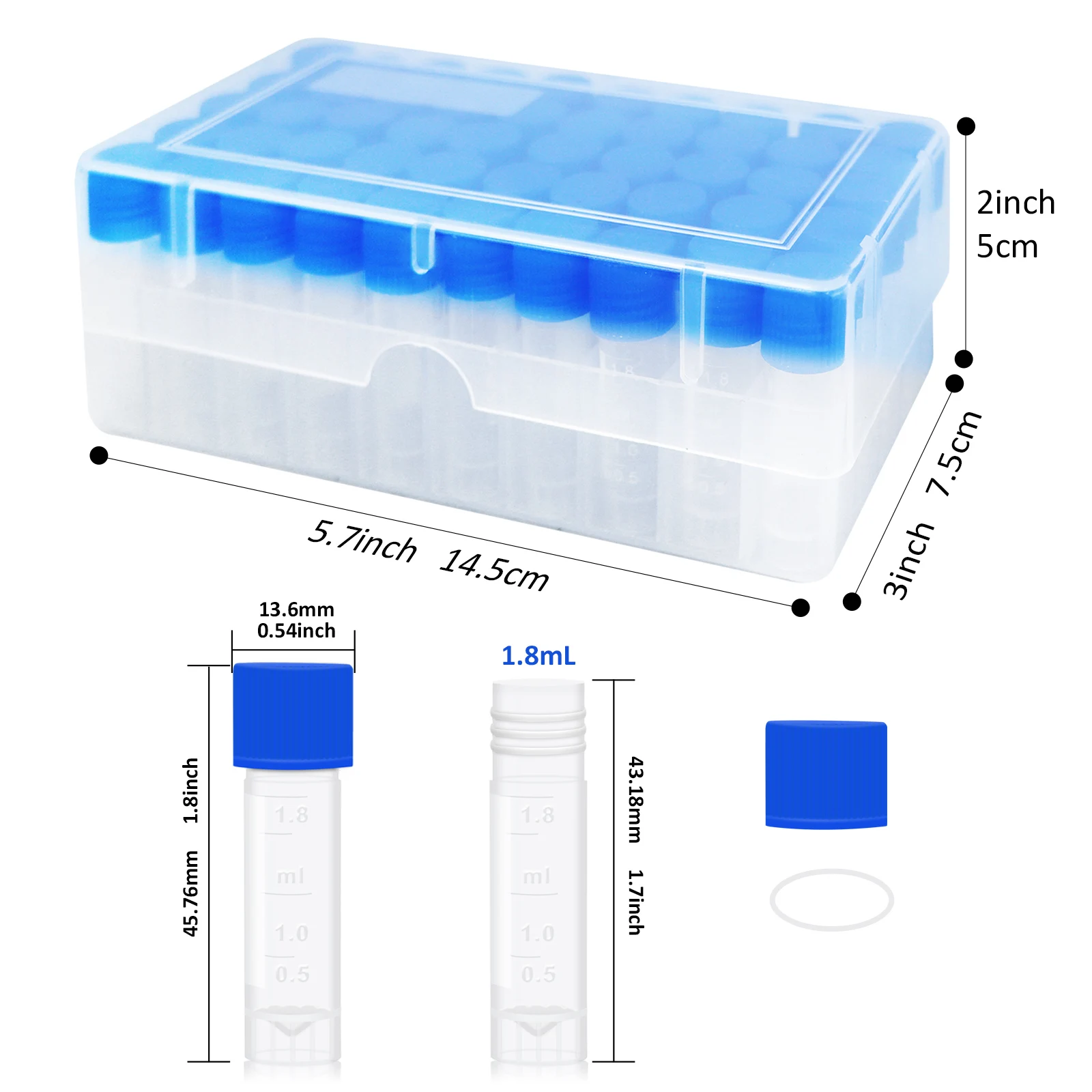 50PCS 1.8ML Cryotubes + 50-Hole Cryotube Box, Sample Bottles With Screw Caps/Scale/Writing Area, For Low-Temperature Storage