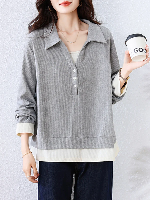 

Color Blo Knitted Sweatirt Casual Long Sve Turn-down Collar Loose Versatile Faion Top for plus Size Women Autumn