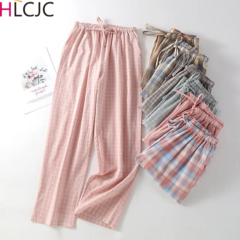 New Women's Pajamas Pants Cotton Washed Couples Elastic Waist Home Pants Lounge Wear Loose Plaid Sleep Bottoms Men Sleep Bottoms