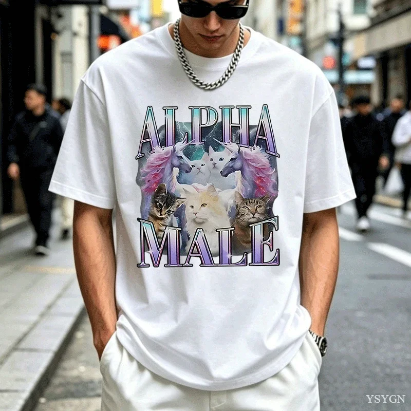 Alpha Male Unicorn Cat Ironic Vintage T-Shirt Retro Style Vintage Saying Tee Short Sleeve Sarcastic Joke Saying Tee Rap Y2k Top