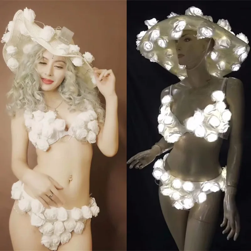 

White Rose Flowers LED Bikini Big Hat Performance Clothes Nightclub DJ Singer Dancer Stage Costume Festival Party Rave Outfit