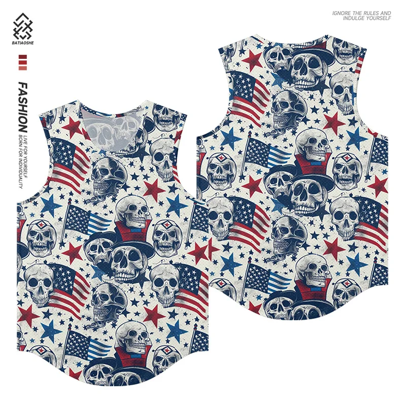 

American Tide Design Sense Skull Floral American Flag Sleeveless Fashion Bottom Top Trendy Sports Quick Dry Men