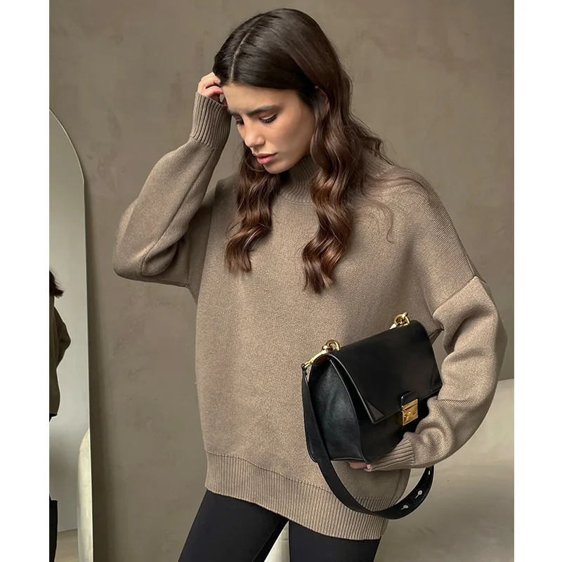 

Half Knitted Sweater, 2024 Autumn Winter Fashion Trend, Versatile, Loose And Warm, Half High Neck Sweater