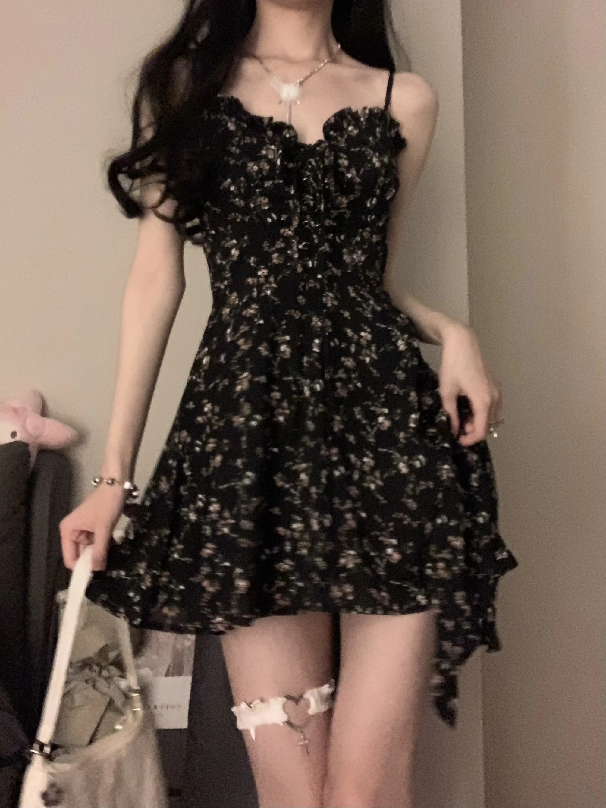 

Women Dress Black Floral Chiffon Suspender Dress For Women's Summer French Dress, Stunning Seaside Vacation Short Mini Dress