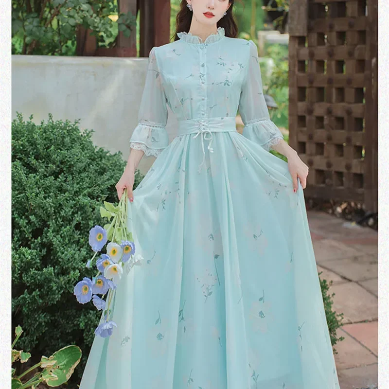 Imagem -06 - Vestido Vintage com Babados com Pescoço Simulado Estilo Francês para Mulheres Vestidos Chiques com Cordões Flores Românticas Vestido Longo Elegante e Doce para Mulher