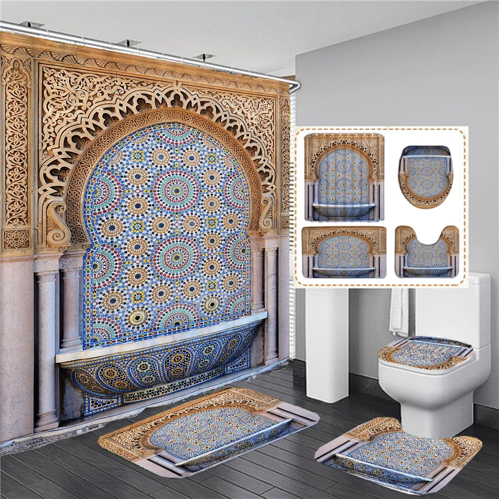 European Retro Architectural Murals Shower Curtain Moroco style Bathroom Curtains Set Anti-skid Rugs Toilet Lid Cover Bath Mat