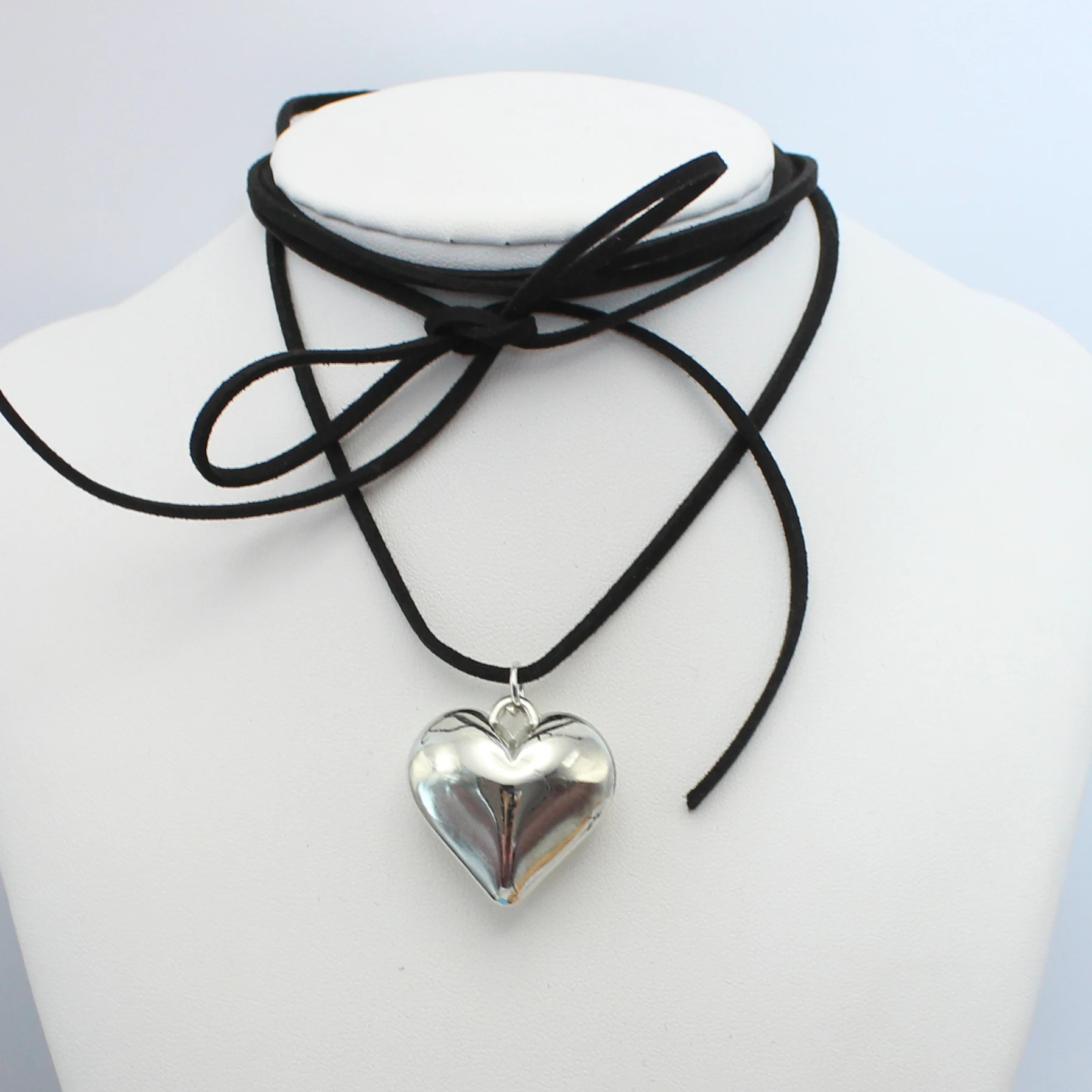 Fashion Goth Black Velvet 30mm Big Heart Pendant Choker Necklace Women Diy Weave Knotted Bowknot Adjustable Chain Jewelry