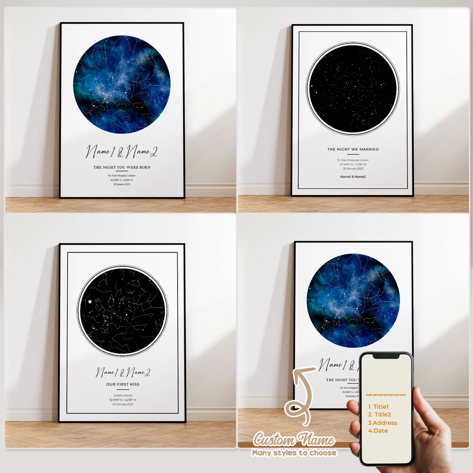 Modern Custom Personalized Night Sky Star Map Wall Art Canvas Poster Prints Paintings Picture For Living Room Home Decor