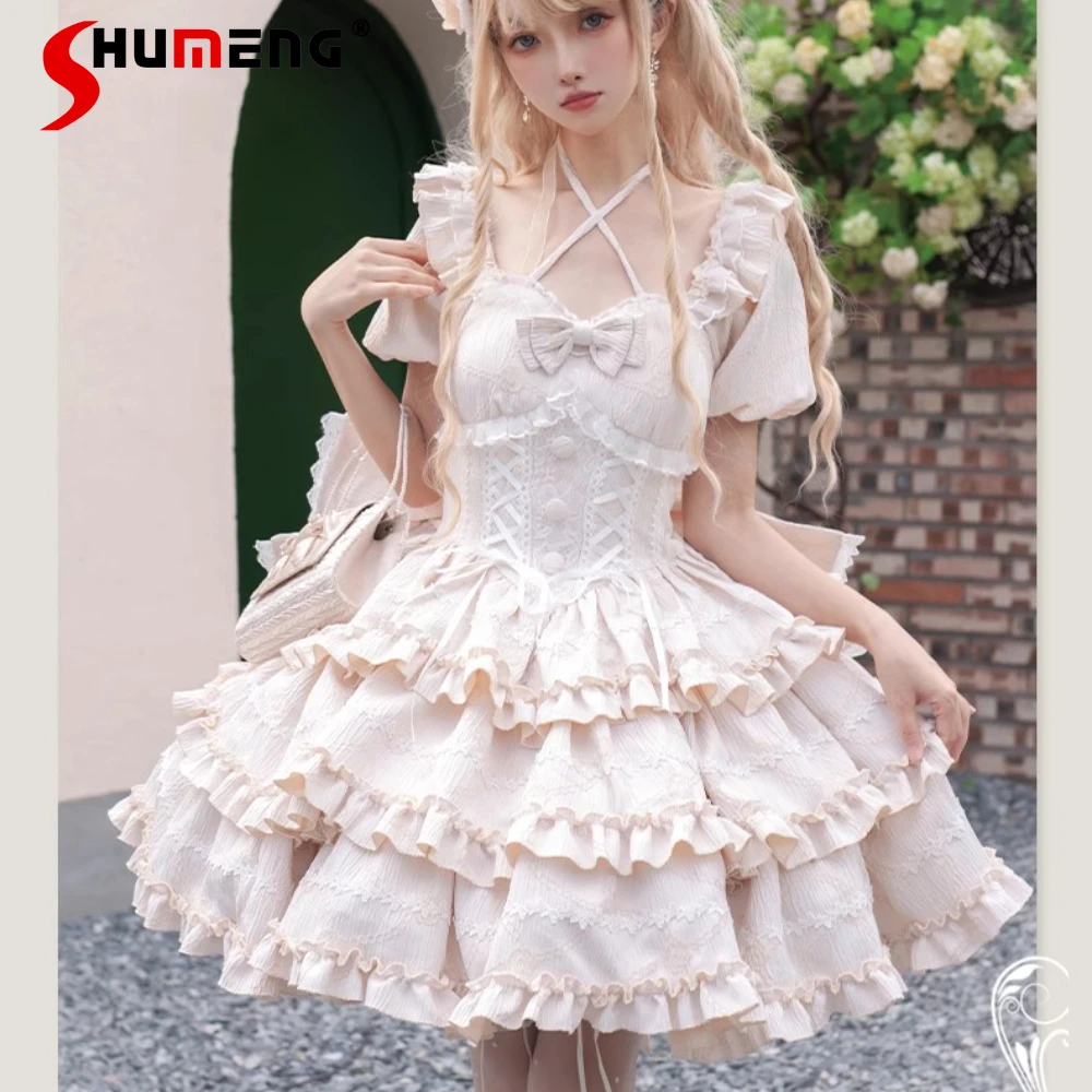 

Heavy Industry Sweet Lolita OP Princess Dresses Square Neck Bubble Sleeves High Waist Lace-up Big Bow Trailing Short Dress Women