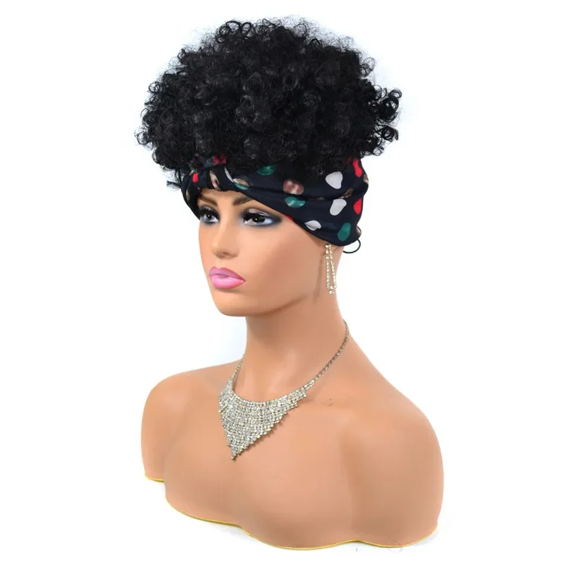 Fluffy Headband Wigs for Black Women Short Afro Kinky Curly Headwrap Wig High Temperature Natural Synthetic Headband Scarf Wig