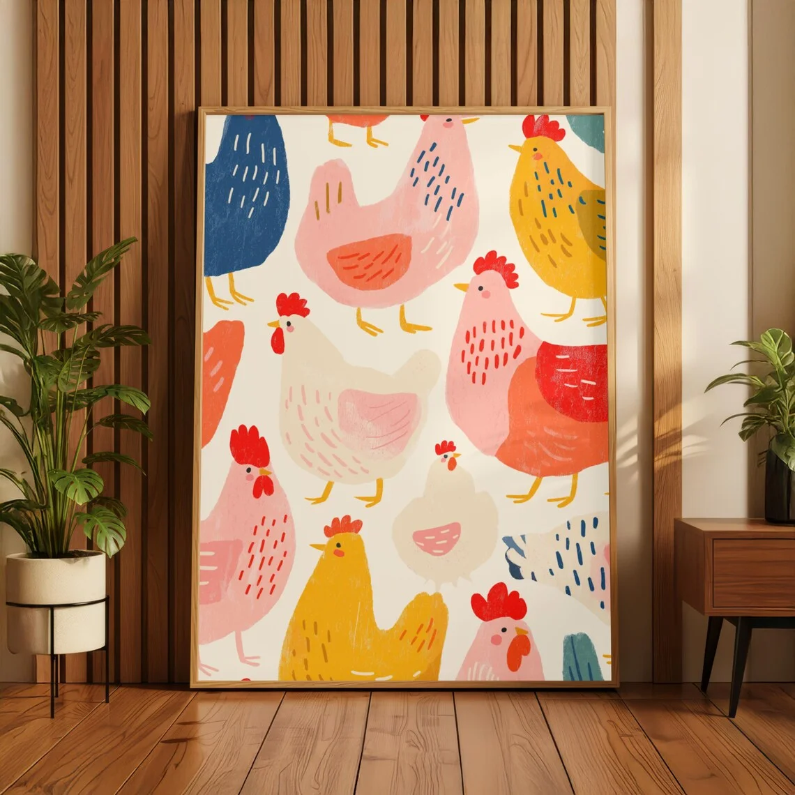 1pc frameless Canvas Painting Cute Chicken Printable Wall Art | Colorful Pastel Farm Animals Digital Download | Nursery Kitchen