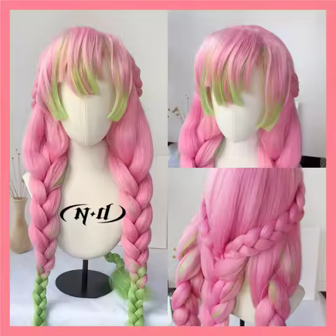 ND Mitsuri Kanroji Cosplay Wigs Hairpiece Kimetsu no Yaiba Anime Cosplay Hair Wigs Heat Resistant Synthetic for Comic Con Coser