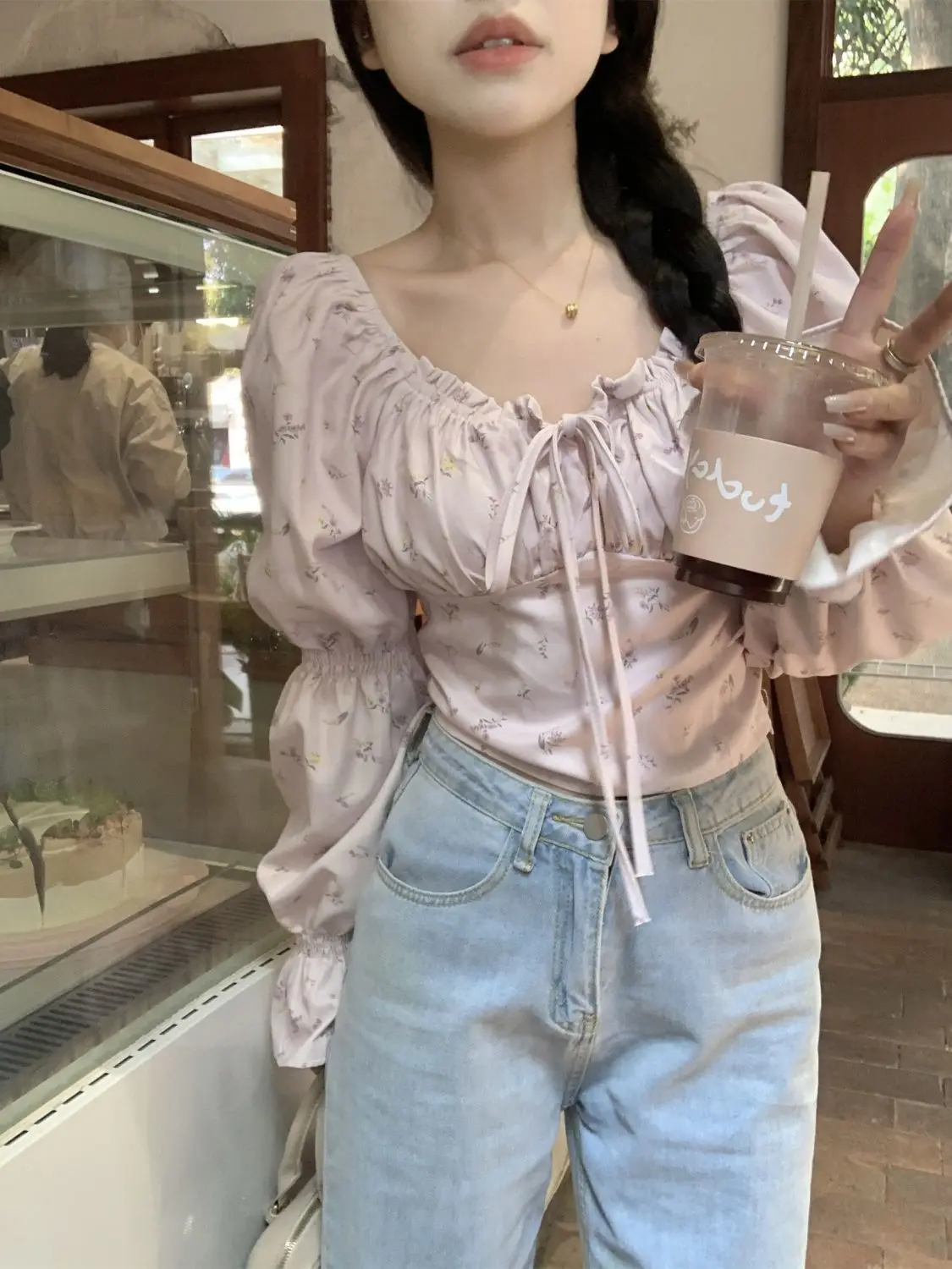 Blouses Women Crop Tops Slim Spring Chic Aesthetic Printed Hotsweet Puff Sleeve New Arrival French Style Vintage Lace-up Popular