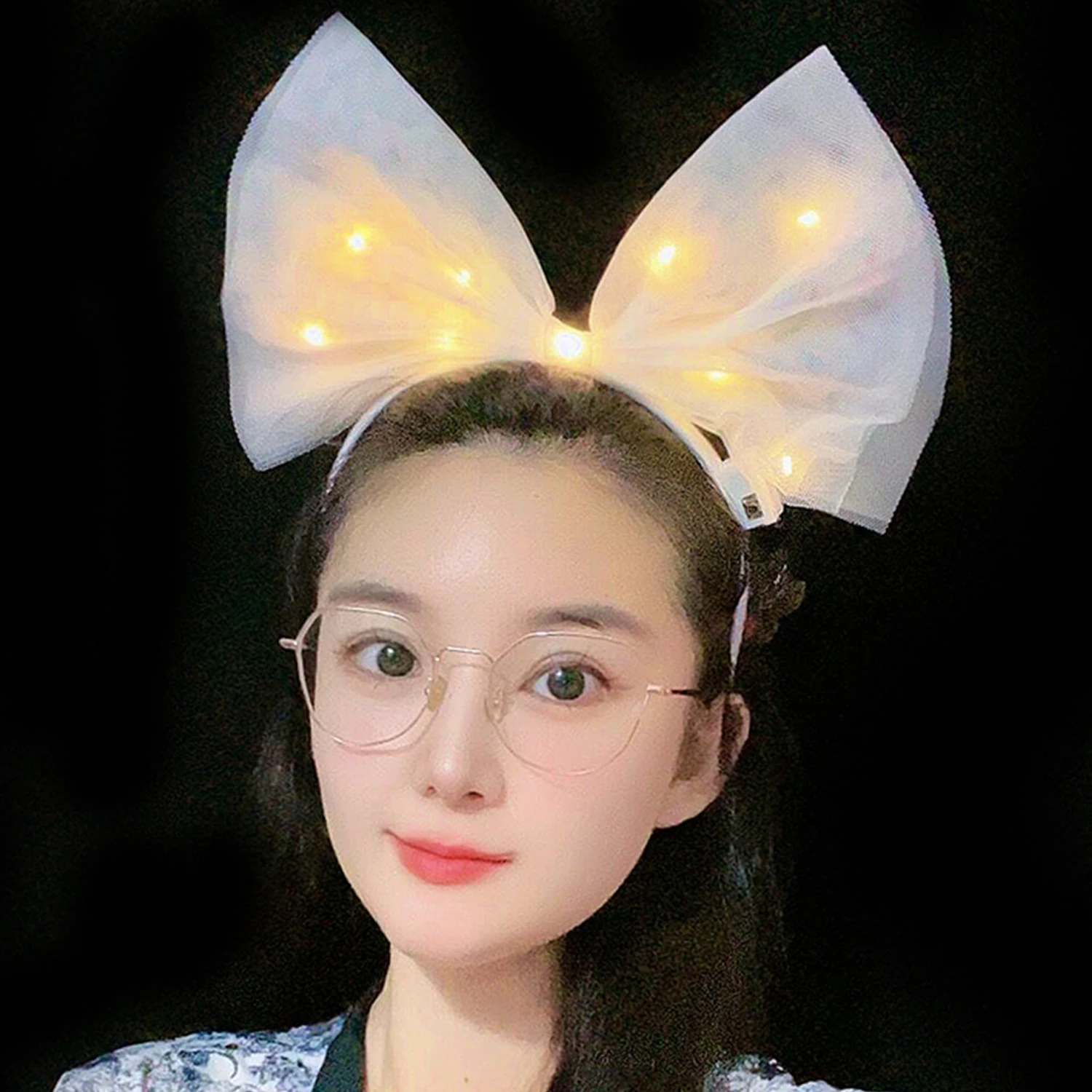 Bando LED pita besar wanita, hiasan kepala bercahaya 14cm bando pita tali rambut untuk wanita