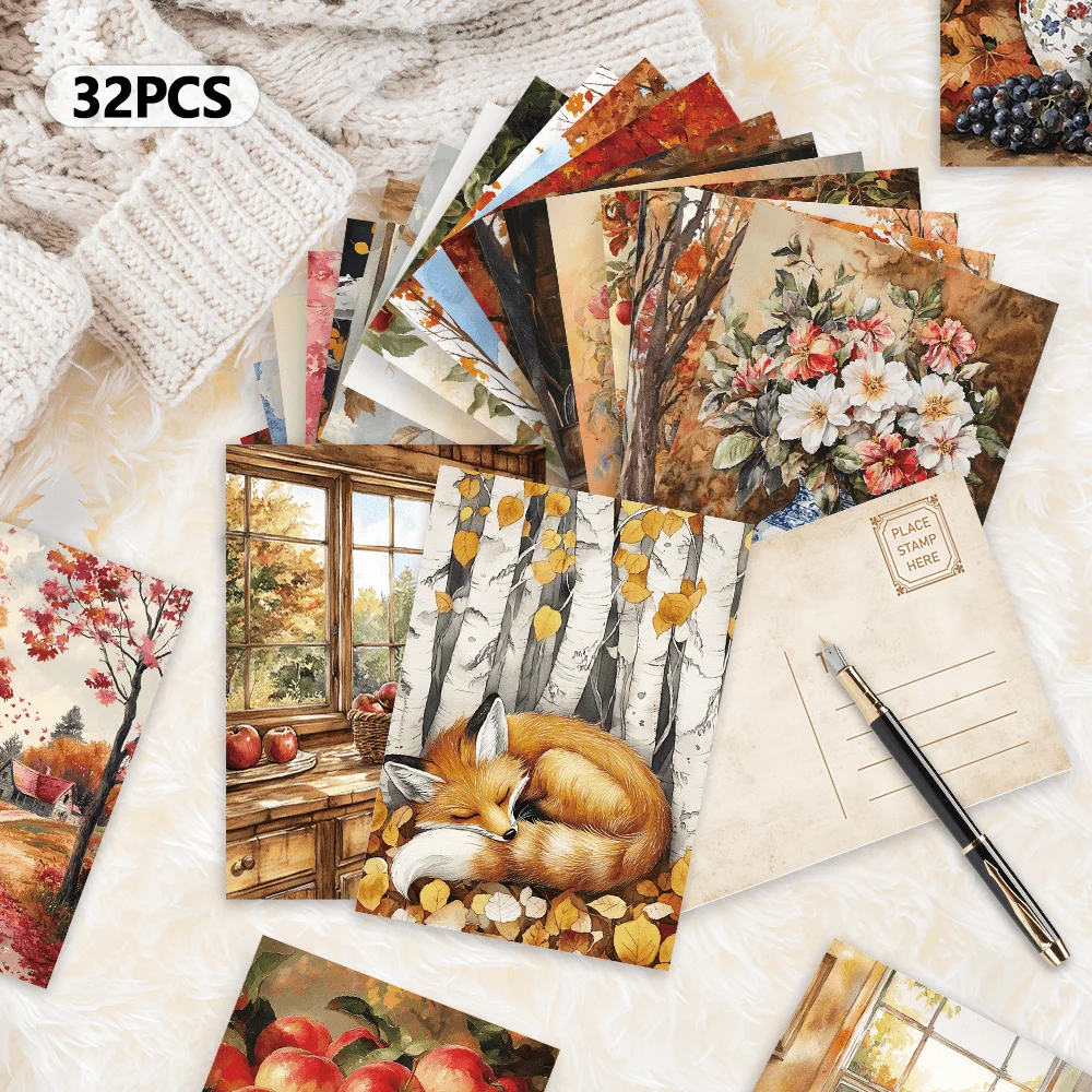 32 Stück warme Postkarten im Herbst-Bauernhaus-Stil, Herbstlandschaft, Schlafzimmerdekoration für den Innenbereich, Karten, Wandaufkleber, Grußkarten, Memorbilia