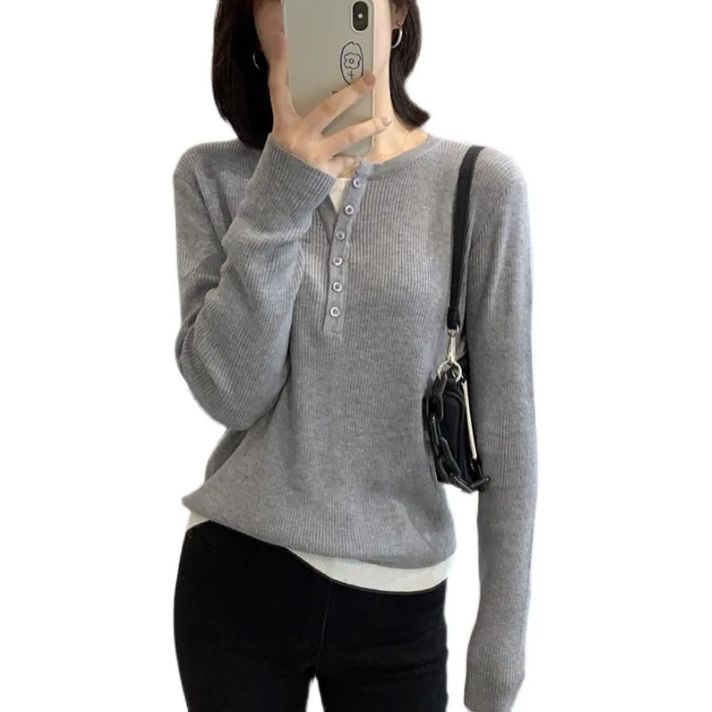 Fashion Korean version half open collar fake two cashmere knitwear women with spring autumn look slim inside with wool sweater