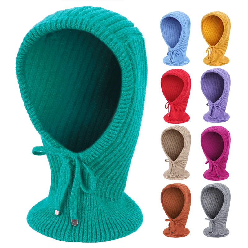 Women Windproof Hooded Scarf Hats Skullies Solid Color Knitted Pullover Drawstring Balaclava Winter Warm Hat Beanie Cap