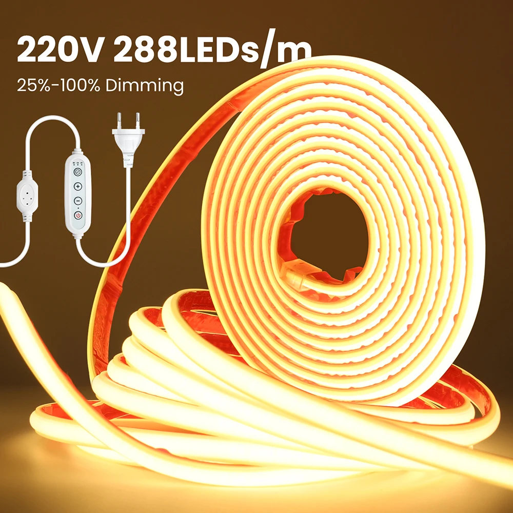 

220V Dimmable LED COB Strip Light Adhesive Tape Dimmer/Switch EU Power Plug Kit 288LED/m Linear lighting Flex Silicone Tube Lamp