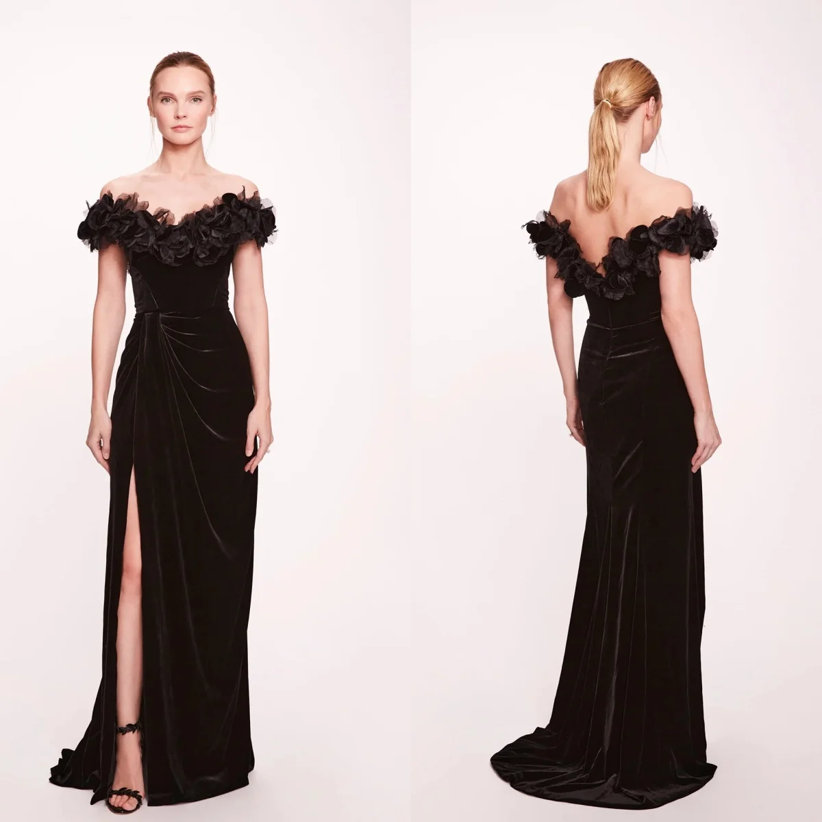 Vintage Black Evening Dresses Off Shoulder Velvet Women Prom Gowns Floral Appliques Side Split Customized Mother of Bride Gowns