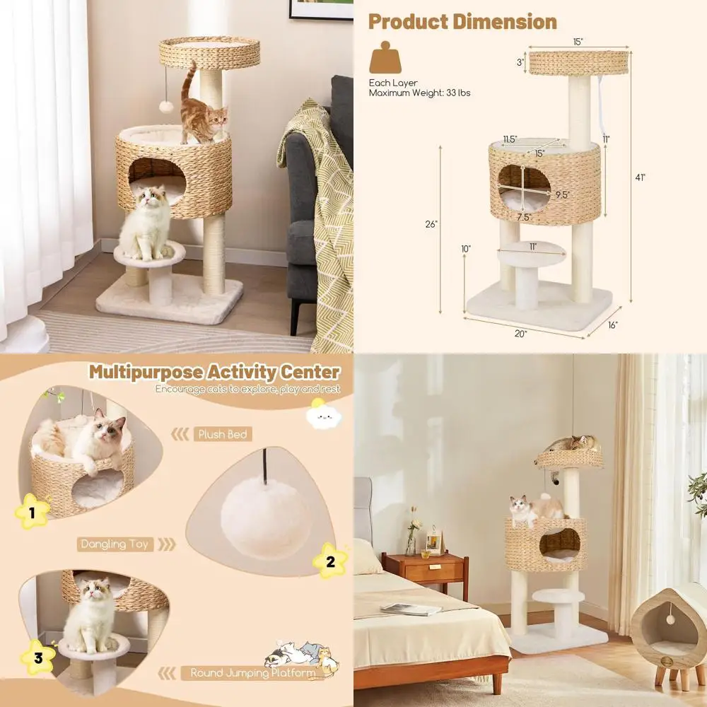 

41, многоуровневая кошачья башня с кондоминированным, окунем, кроватью, подвесной игрушкой и когтеточками из сизаля для домашних кошек