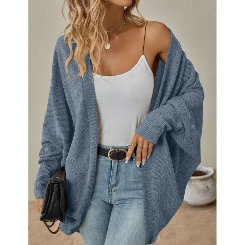 

Lazy Casual Ladies Mid Legnth Coats Sweaters Autumn New Knitted Solid color Bat-sleeved Open Stith Cardigan Loose Sweater Jacket
