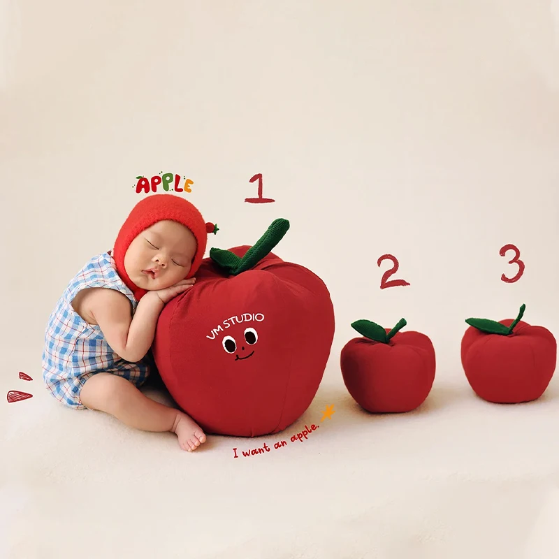 과일 테마 신생아 사진 의상 아기 패션 체크 무늬 점프 슈트 Apple Posing Dolls 0-1 개월 유아 출생 사진 촬영