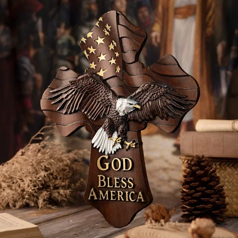 

American Eagle Wooden Cross, Home Room Wall Decor, Hanging Bald Eagle, 3D Wood Carving Decorative Patriot Soldier Gift