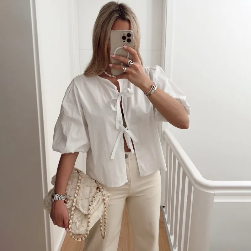 TRAUXY White Lace-up Short Sleeve Shirt For Women Casual Loose Solid Color Patchwork Summer Blouse Female Club Party Outfits