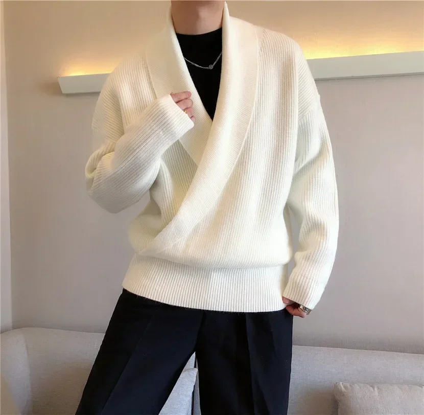 

Korean Vintage Wrap V Neck Sweater Men's Autumn Winter Warm Knitted Pullovers Casual Loose Solid Long Sleeve Sweaters Streetwear