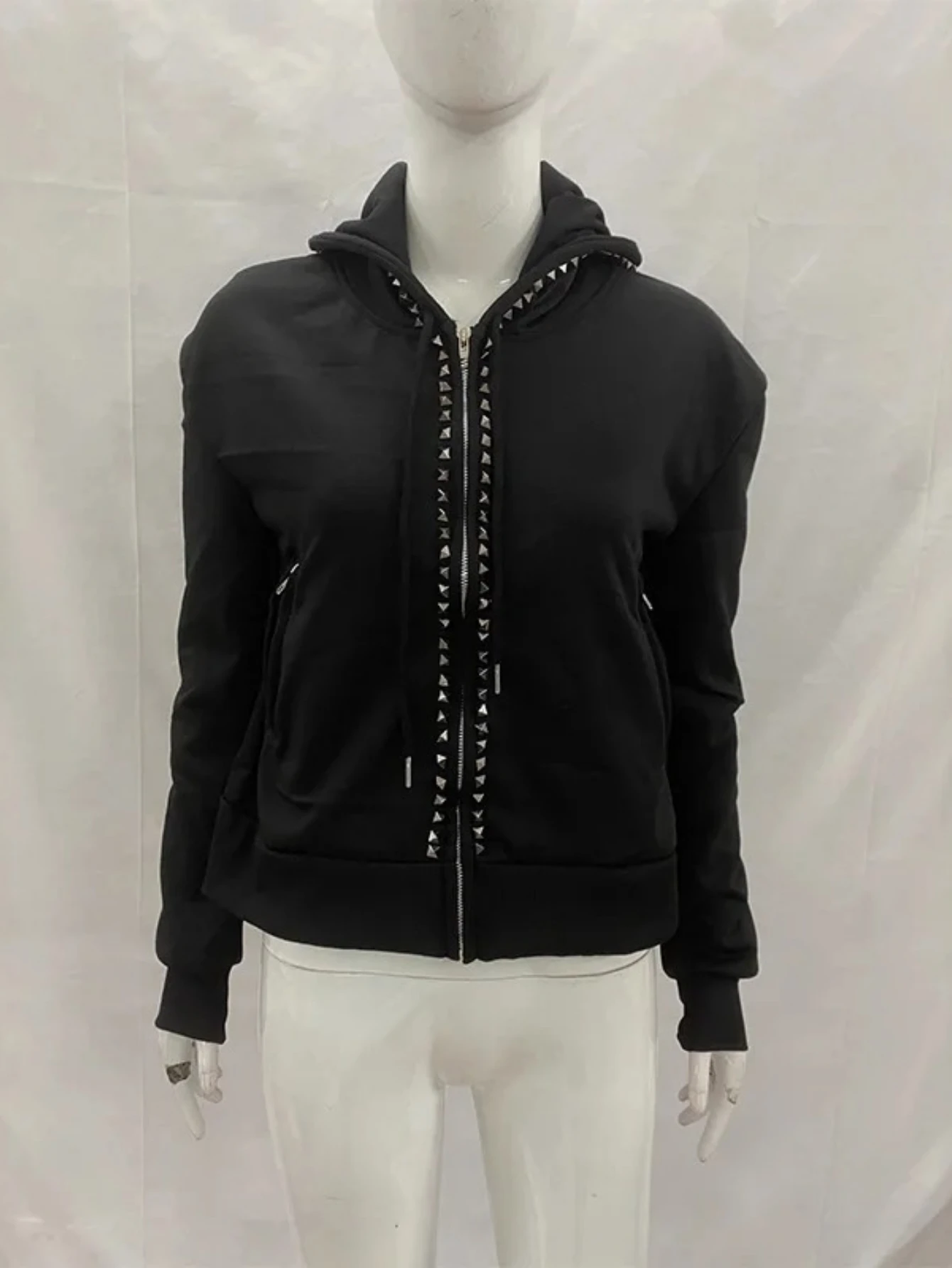 Bluza z kapturem Y2K z nitami i zamkiem błyskawicznym, damska, Harajuku, czarna, oversize, gotycka, retro, klasyczna bluza, odzież zimowa