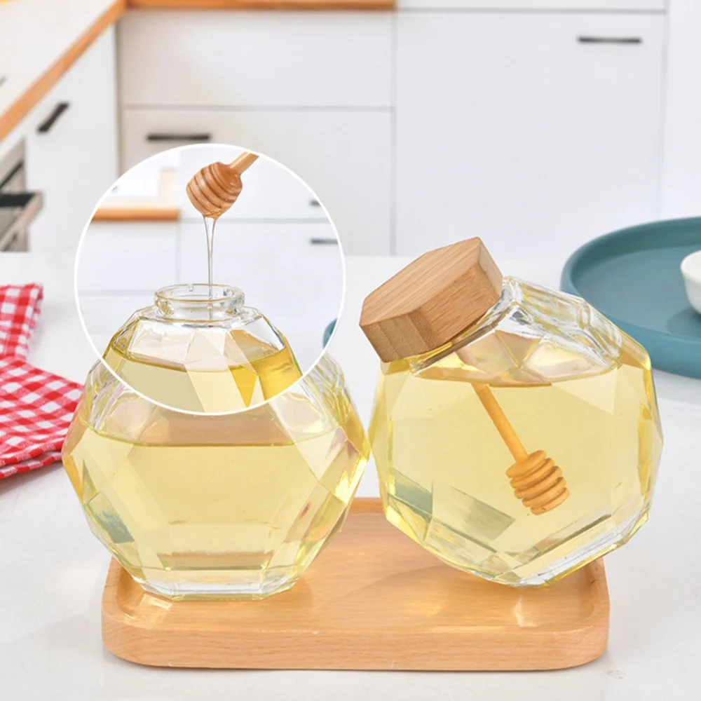 250/500ml Hexagonal Glass Honey Bottle with Wooden Stirring Rod Honey Packaging Bottle Kitchen Bottle Container Honey Jar