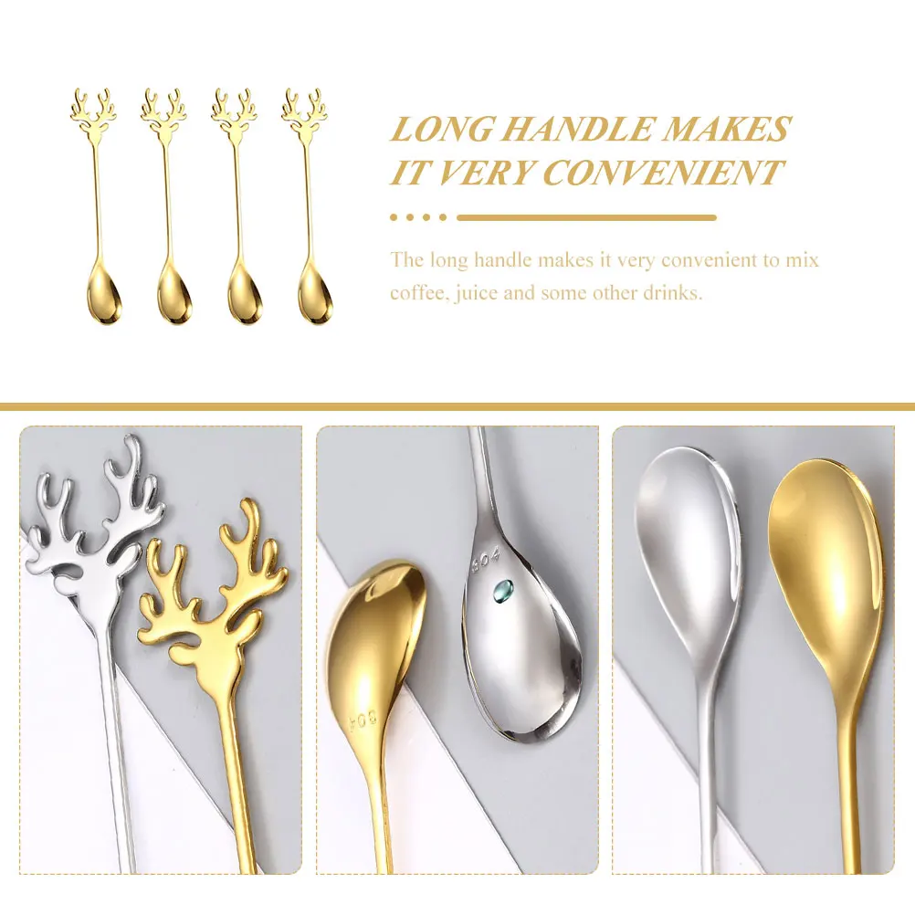 

4 шт. круглые гладкие кофейные ложки в форме лося с длинной ручкой, золотые чайные ложки, устойчивые к царапинам, красивые практичные кофейные ложки