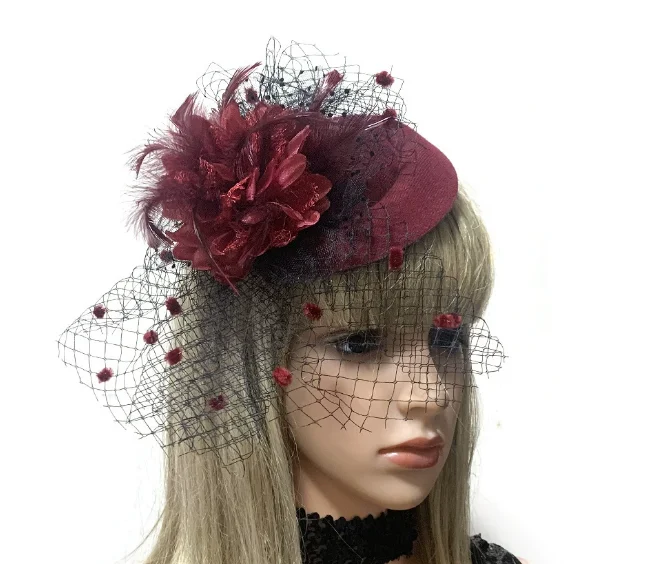 Wine Red Handmade Wedding Races Sinamay Flower Veil Fascinator Church Derby Hat For Women Hair Clip Accessories