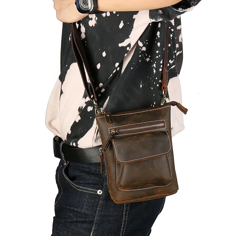 

YH3131 Genuine Leather Men's Crossbody Waist Bag, Crazy Horse Leather Top Layer Cowhide Retro Vertical Hanging Bag