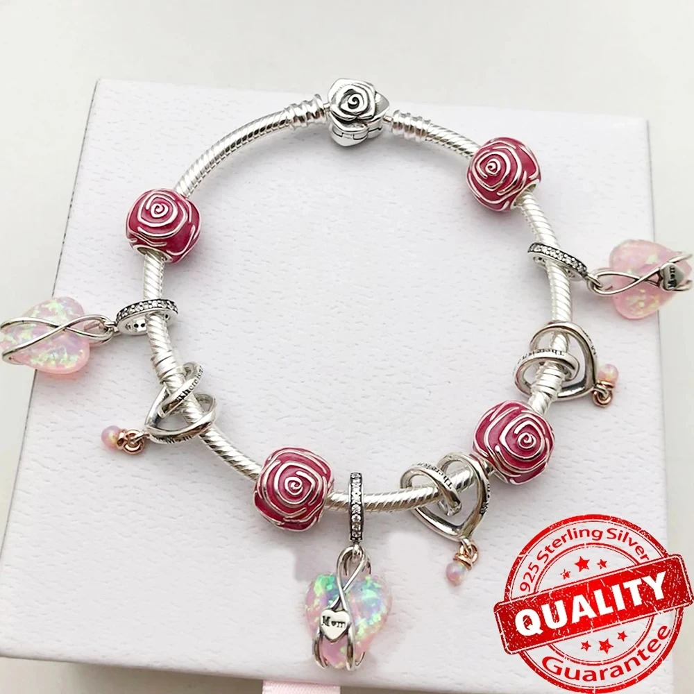 2024 nuovo 100% 925 argento perline di vetro amore rosa ciondolo con perline con collana braccialetto gioielli fai da te regalo Boutique donna