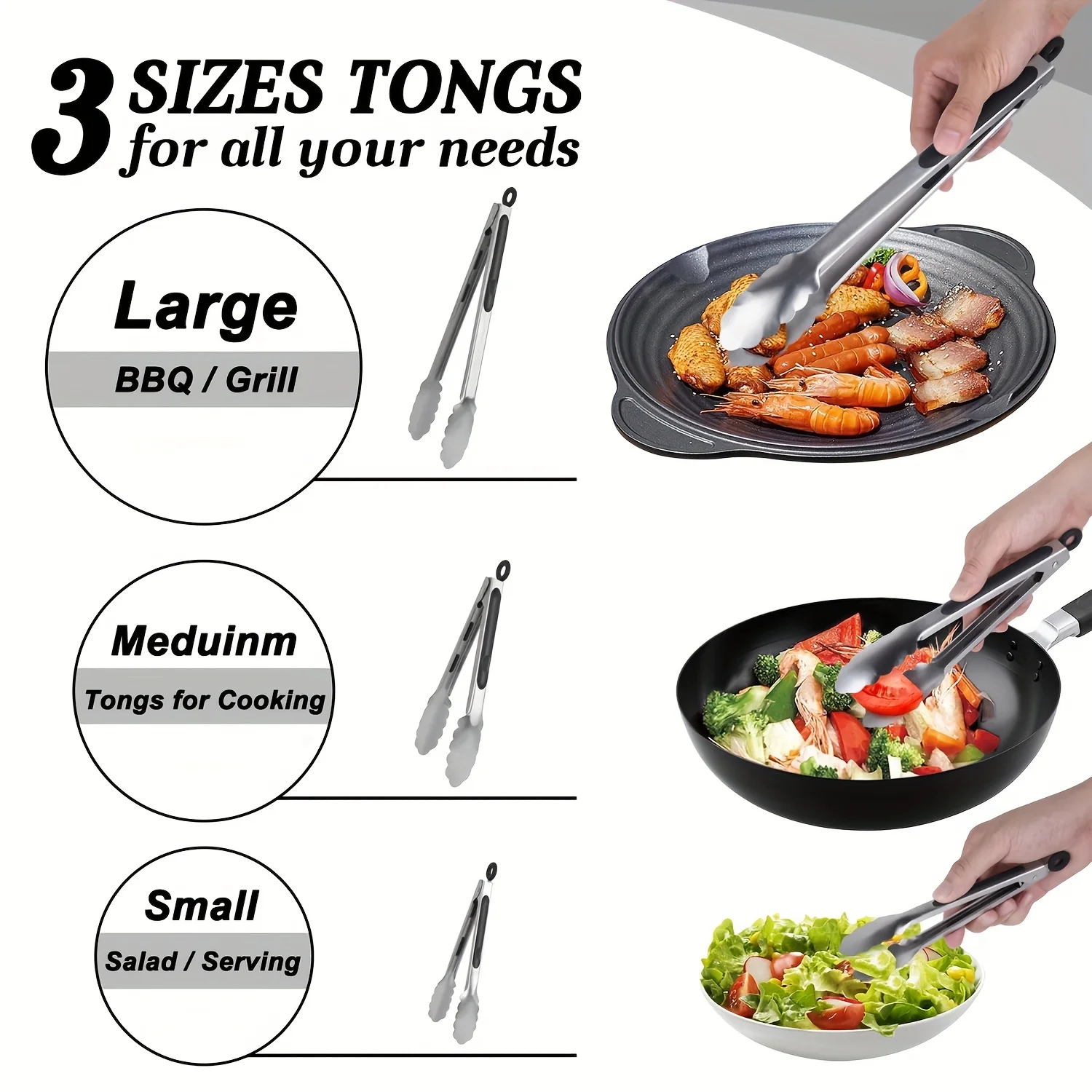 Stainless Steel Locking Cooking Tongs, Heavy Duty Metal for Food, Salad & BBQ Set