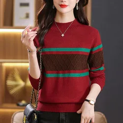 New Autumn and Winter Fashion Colorblock Stripes Half High Neck Loose Versatile Slim and Simple Commuter Knitted Women's Sweater