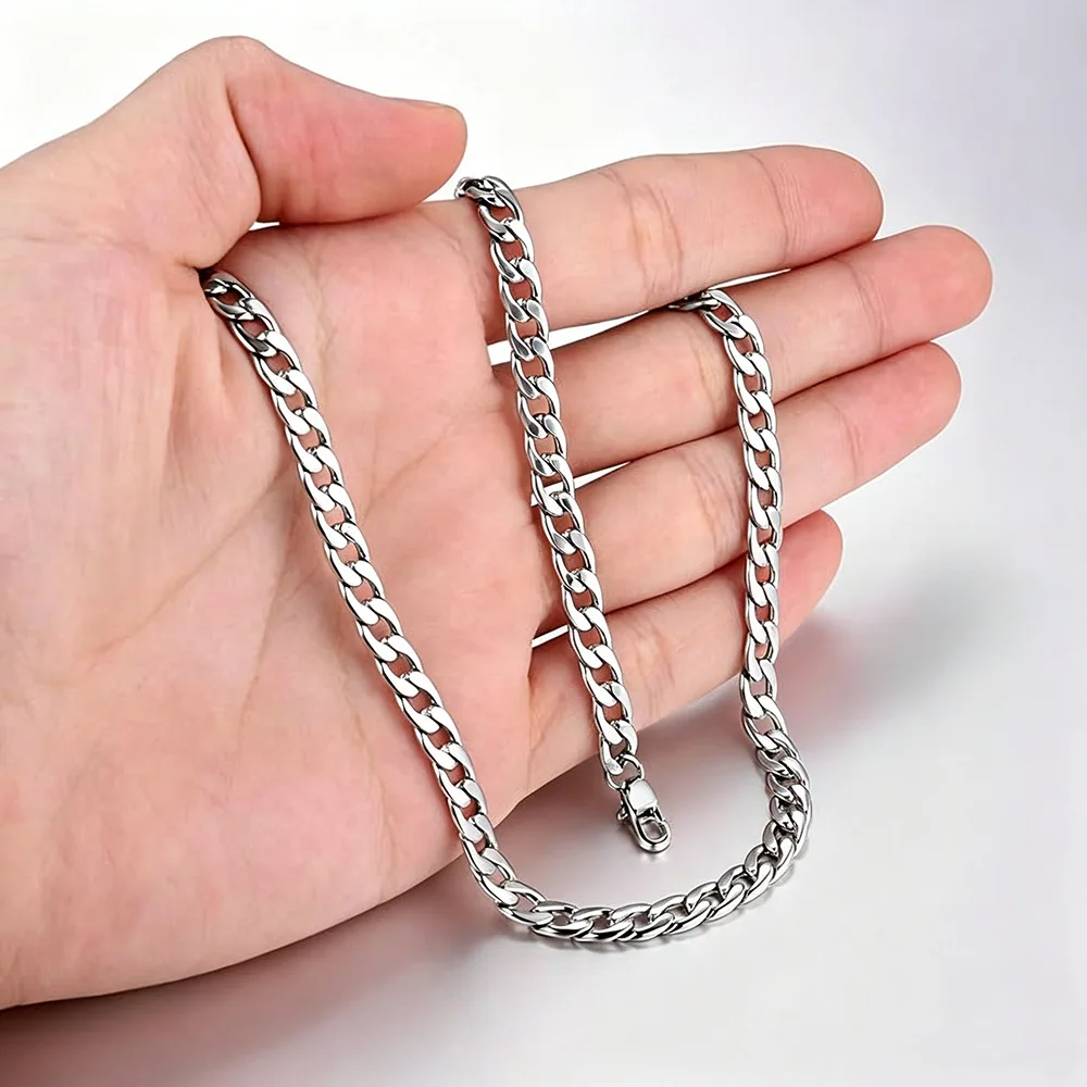 HNSP 316L Stainless Steel Cuban Link Flat Chain Necklace For Men Curb Chain Waterproof Jewelry Accessories