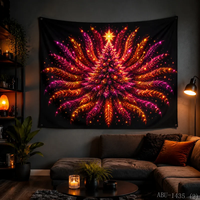 VIKAMA Neon Red Gold Feather Radiant Tree Black Starry Ornament Firework Christmas Tapestry Wall Hanging Bedroom Living Room