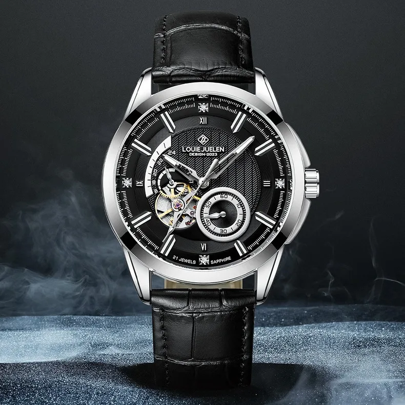 Stainless Steel New Black Knight Series Skeleton Luminous Waterproof Genuine Leather Automatic Watch for Men