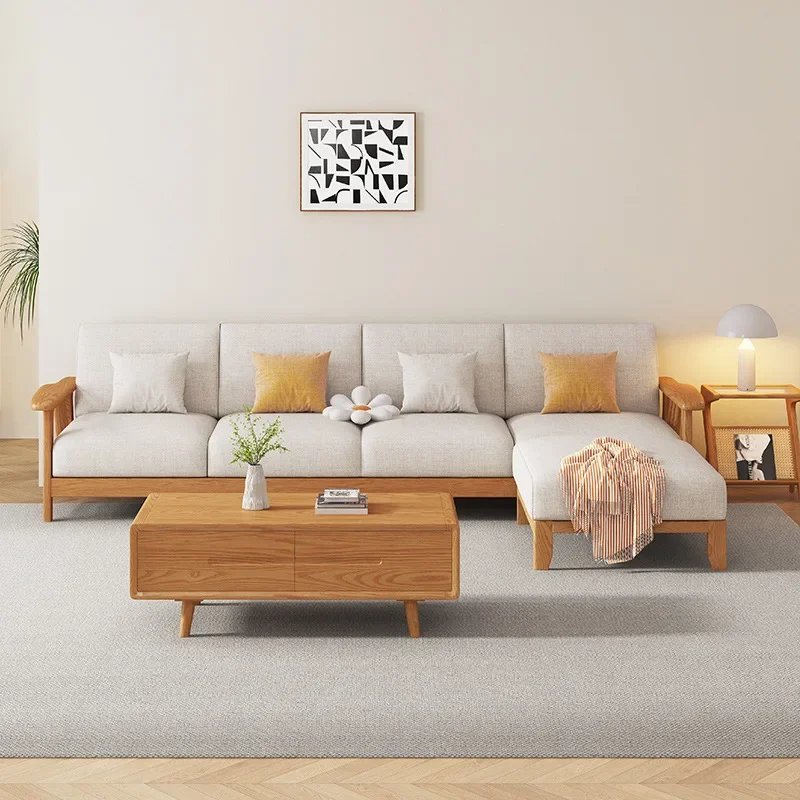 Sofá nórdico de madeira maciça de cinza, sofá moderno e minimalista para sala de estar com vento de areia wabi