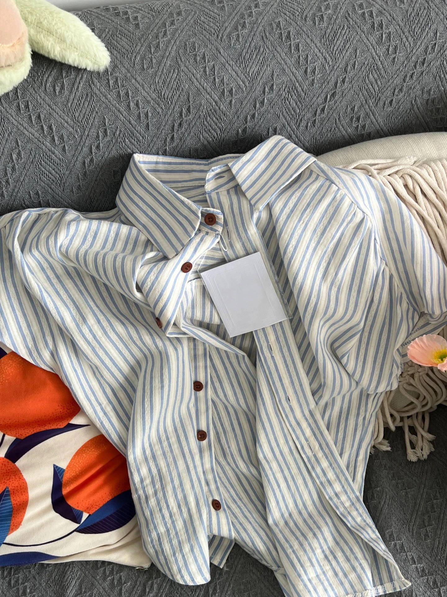 

Chic Korean College Style Striped Fly Sleeve Shirt Women's Summer Loose Versatile Design Sense Shirt Top Casual Neck Sho...